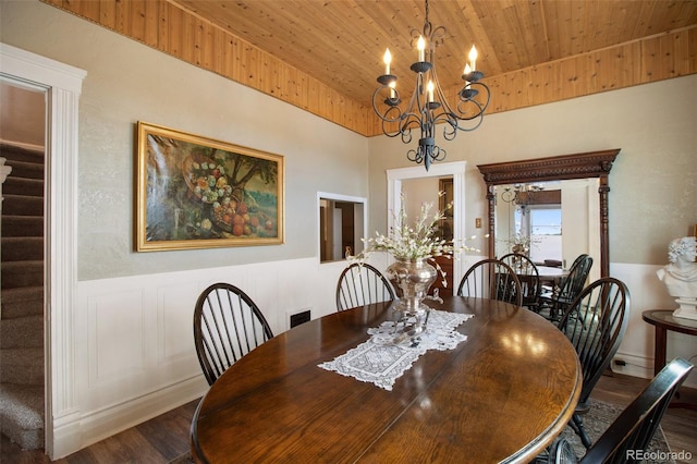 dining room with a chandelier, dark hardwood / wood-style flooring, and wooden ceiling