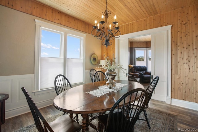 dining area with wooden ceiling, dark hardwood / wood-style floors, and an inviting chandelier