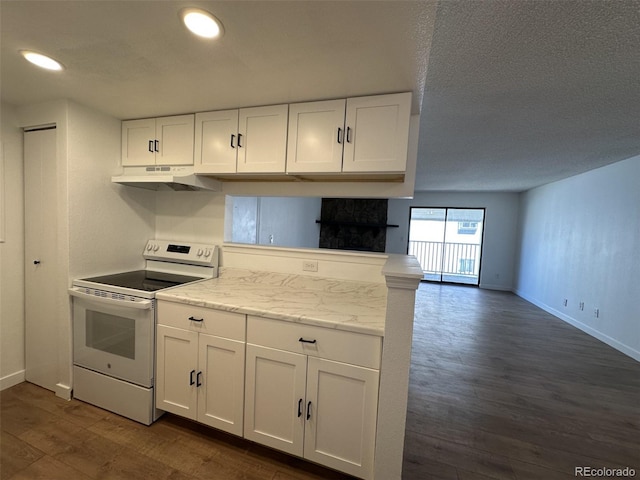 kitchen featuring white electric stove, baseboards, white cabinetry, dark wood finished floors, and under cabinet range hood