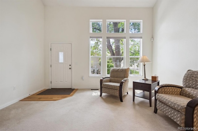 foyer entrance featuring baseboards, light carpet, and a towering ceiling