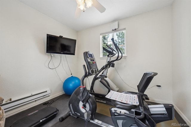 exercise room with baseboards, a ceiling fan, and a baseboard heating unit