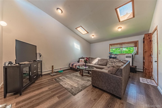 living room featuring baseboard heating, lofted ceiling with skylight, and dark hardwood / wood-style flooring