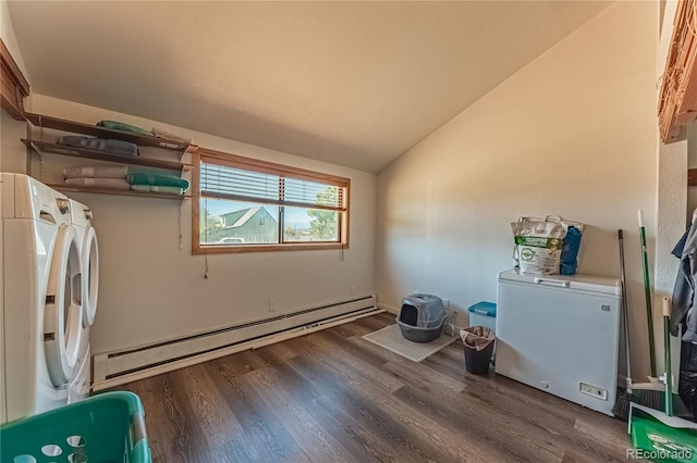 washroom featuring separate washer and dryer, dark wood-type flooring, and a baseboard radiator