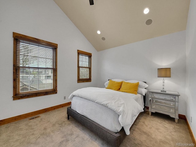 bedroom featuring carpet flooring, a ceiling fan, baseboards, lofted ceiling, and visible vents