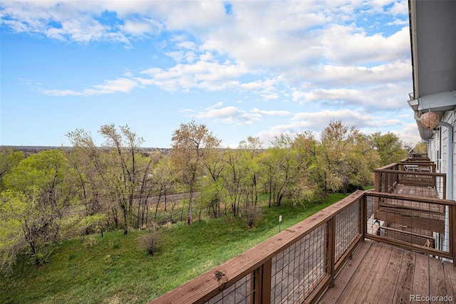 wooden deck with a wooded view