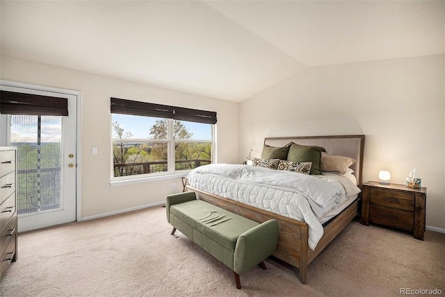 bedroom featuring access to outside, baseboards, vaulted ceiling, and light carpet