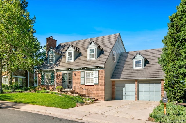 7193 S Newport Way, Centennial, CO 80112 - cape cod home featuring brick siding, a chimney, driveway, a garage, and a front yard