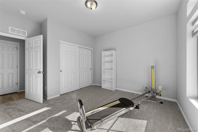 workout area featuring carpet flooring