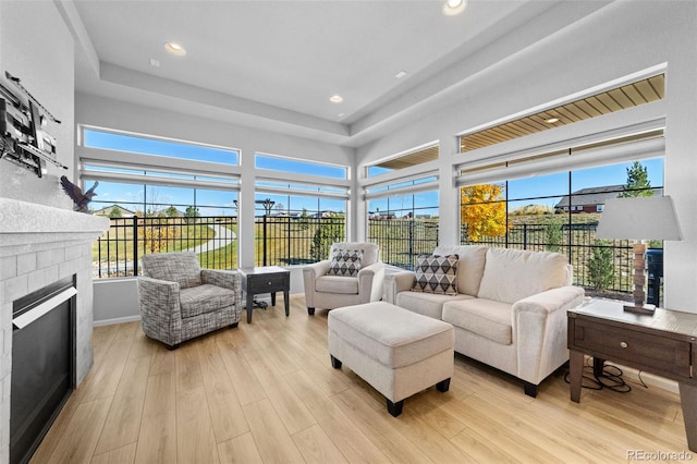 living room featuring light hardwood / wood-style floors and a wealth of natural light