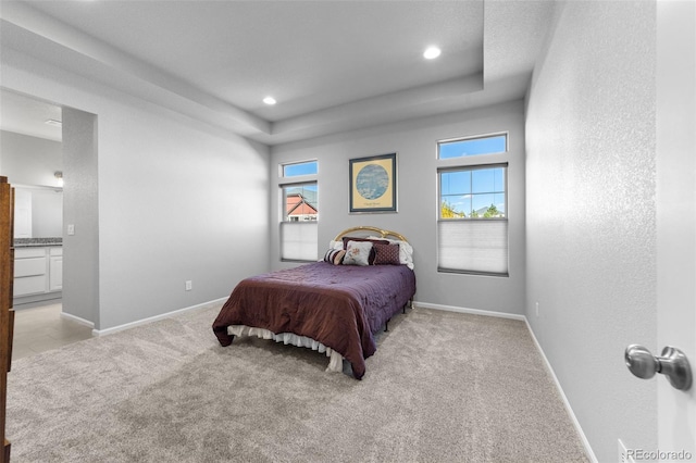 carpeted bedroom featuring a raised ceiling