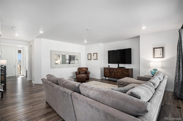 living room with dark hardwood / wood-style floors and a textured ceiling