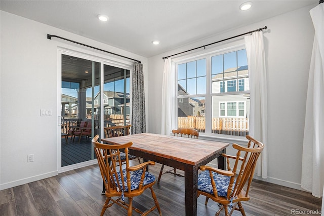 dining space featuring dark wood-type flooring