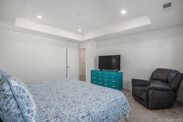 carpeted bedroom featuring a tray ceiling