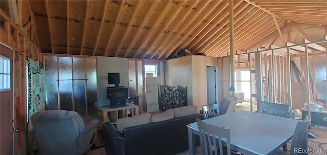 living room featuring lofted ceiling