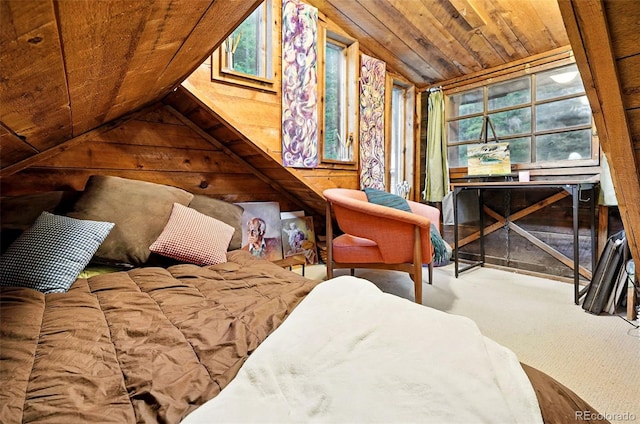 1634 Caribou Rd, Nederland, CO 80466 - bedroom with lofted ceiling, wood walls, carpet floors, and wood ceiling