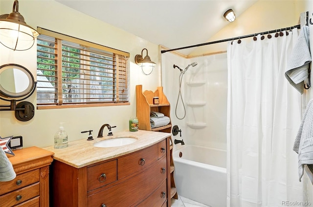 1634 Caribou Rd, Nederland, CO 80466 - full bathroom featuring vaulted ceiling, shower / bath combination with curtain, and vanity
