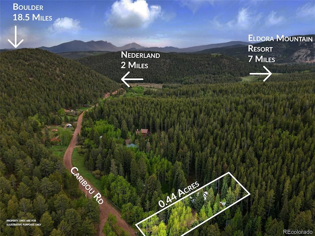 1634 Caribou Rd, Nederland, CO 80466 - aerial view of property and surrounding area featuring mountains and property parcel outlined