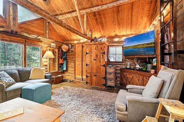 1634 Caribou Rd, Nederland, CO 80466 - living room featuring wood ceiling, wood finished floors, wooden walls, and log walls