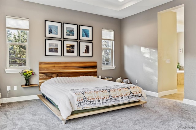 carpeted bedroom with multiple windows and baseboards