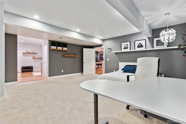 carpeted office space with recessed lighting, an inviting chandelier, and baseboards