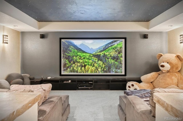 carpeted cinema room featuring a tray ceiling and a textured wall