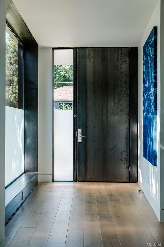 entryway featuring wood finished floors and expansive windows