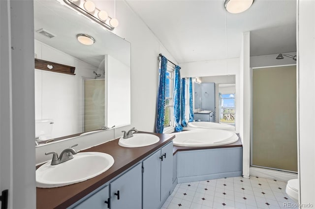 7855 Edison Rd, Yoder, CO 80864 - full bath featuring a bath, a stall shower, double vanity, and tile patterned floors