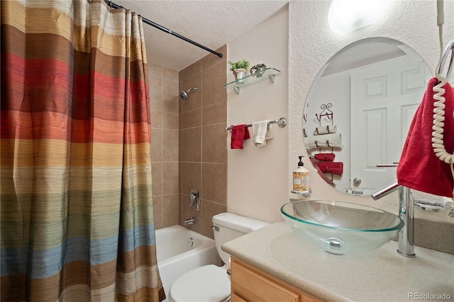 full bath with shower / bathtub combination with curtain, toilet, a textured ceiling, vanity, and a textured wall