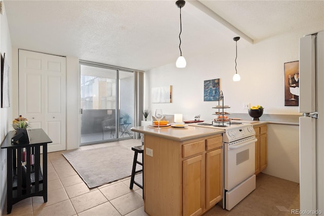 kitchen featuring white appliances, light tile patterned floors, light countertops, and a textured ceiling