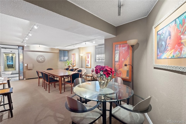 carpeted dining area with track lighting and a textured ceiling