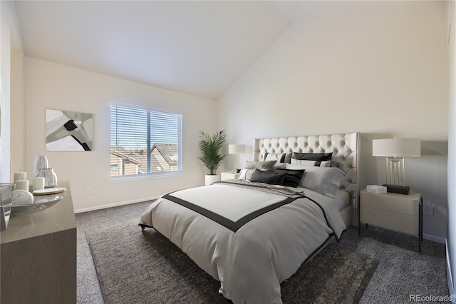 carpeted bedroom featuring high vaulted ceiling