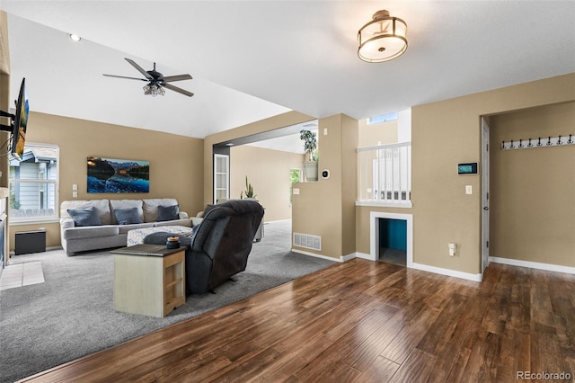 429 Arrowhead Dr, Loveland, CO 80537 - living room with wood finished floors, ceiling fan, baseboards, and lofted ceiling