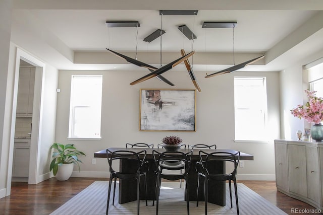 dining area with baseboards and wood finished floors