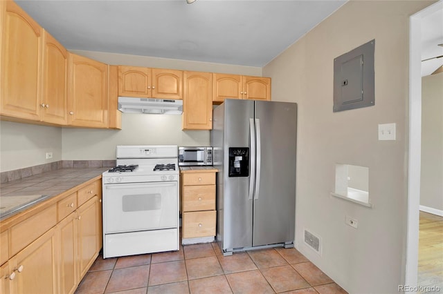 kitchen featuring electric panel, light brown cabinetry, under cabinet range hood, tile counters, and stainless steel appliances