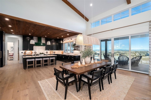 dining room featuring beamed ceiling, light hardwood / wood-style floors, sink, and a high ceiling