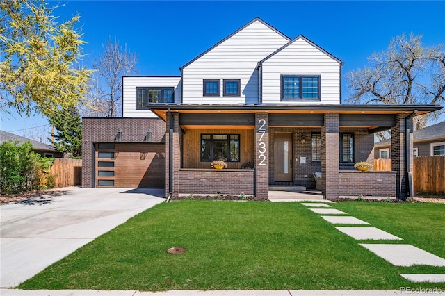 view of front facade with covered porch, driveway, brick siding, fence, and a front lawn