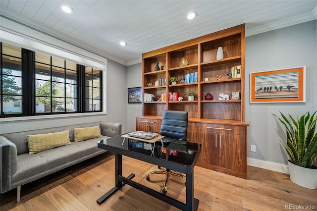 office area with crown molding, recessed lighting, baseboards, and light wood finished floors