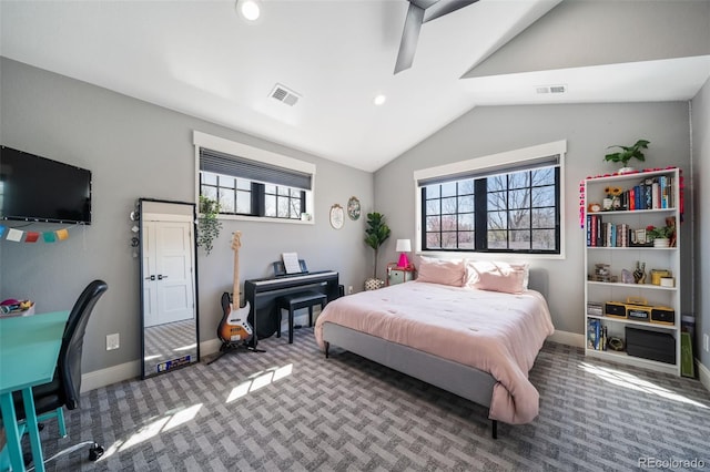 bedroom featuring carpet floors, baseboards, lofted ceiling, and visible vents