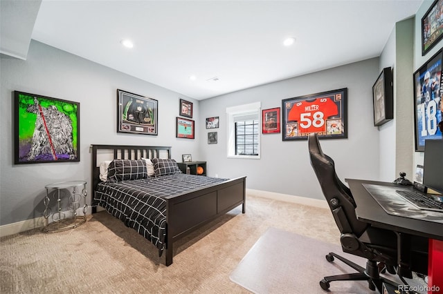 bedroom featuring carpet floors, recessed lighting, and baseboards