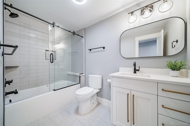 bathroom with tile patterned flooring, vanity, toilet, baseboards, and bath / shower combo with glass door