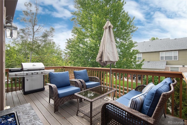 2959 W 110th Pl, Westminster, CO 80234 - wooden terrace with an outdoor hangout area and a grill