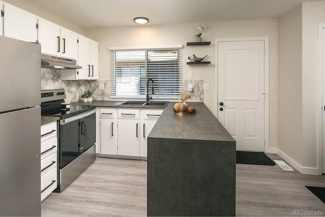 kitchen with stainless steel appliances, a sink, dark countertops, light wood-style floors, and under cabinet range hood