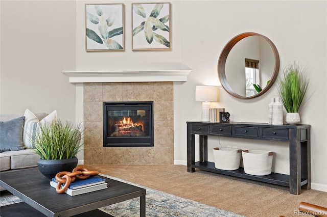 carpeted living room with a fireplace