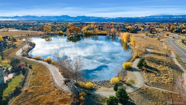 birds eye view of property featuring a water and mountain view