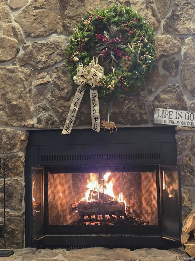 interior details featuring a fireplace