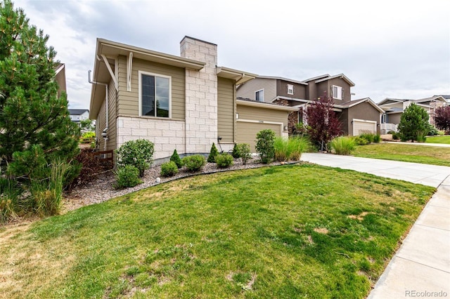 17490 W 94th Dr, Arvada, CO 80007 - view of front of property with stone siding, driveway, a front lawn, and a chimney