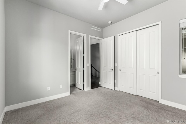 17490 W 94th Dr, Arvada, CO 80007 - unfurnished bedroom with carpet floors, a closet, connected bathroom, and a ceiling fan