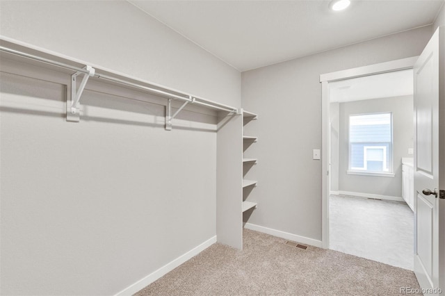 walk in closet with light colored carpet