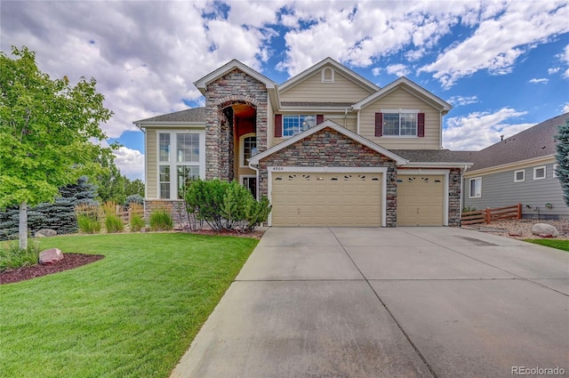 4864 Harness Ct, Parker, CO 80134 - view of front facade featuring stone siding, concrete driveway, and a garage