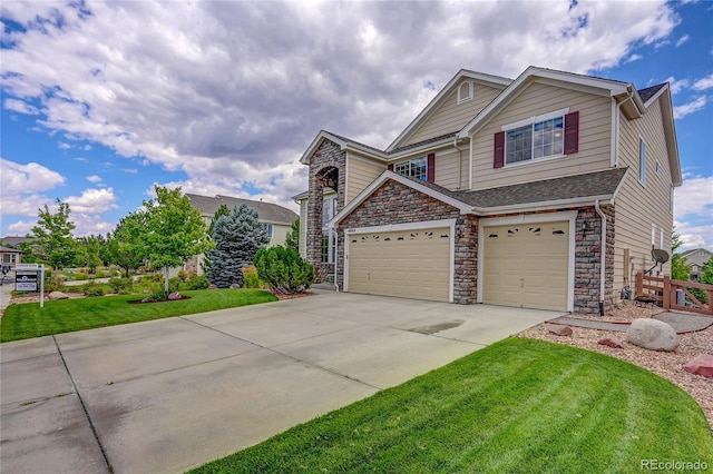 4864 Harness Ct, Parker, CO 80134 - view of front of house featuring concrete driveway, stone siding, a front lawn, and a garage